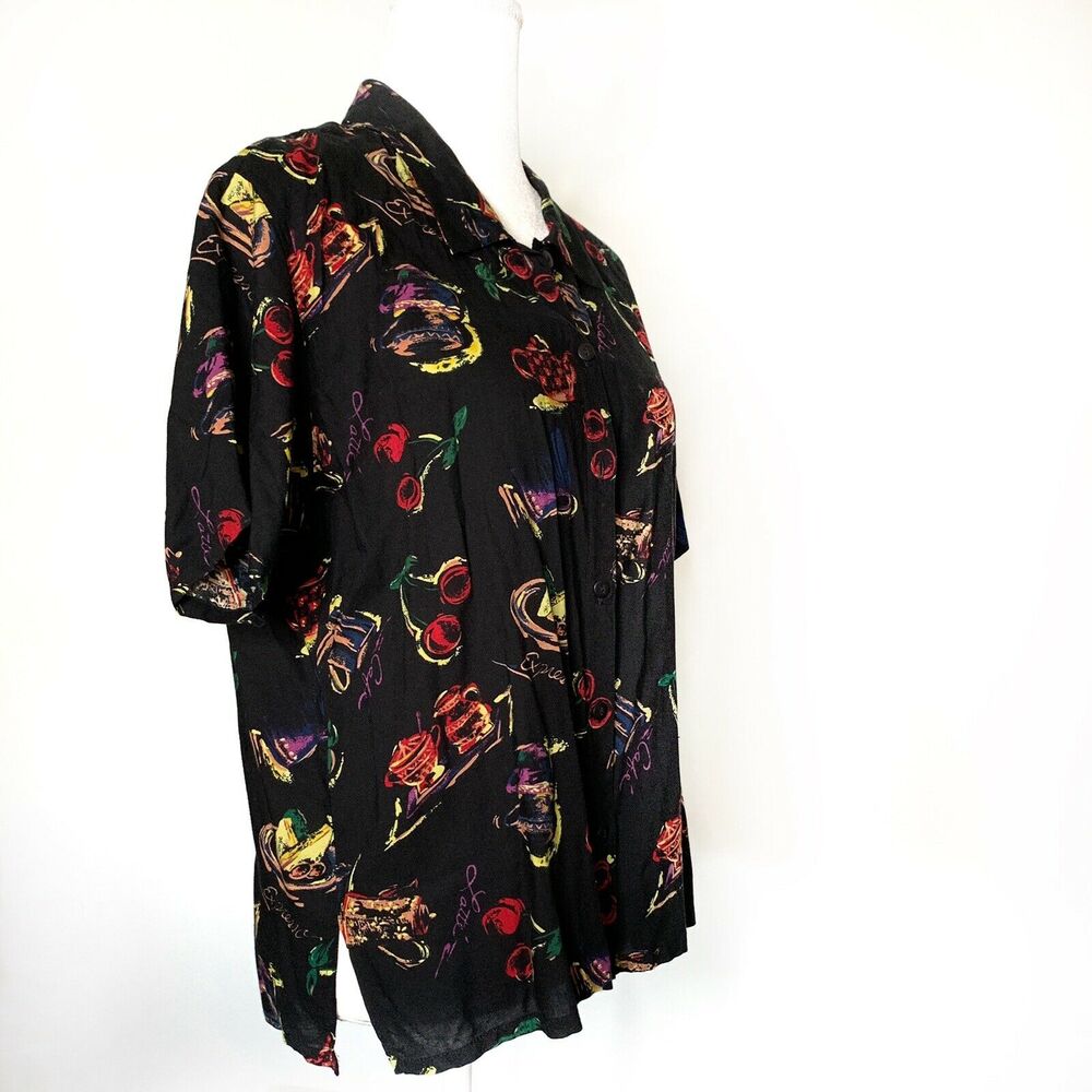 vintage JR Bentley Button Down print Shirt Ladies Top Black Sz L